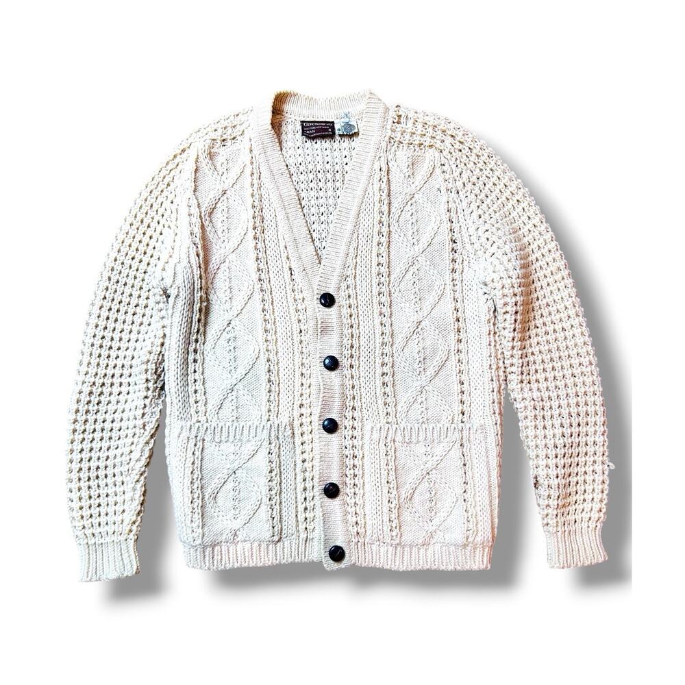 Vintage Gaeltarra Ireland Aran Pure Wool Chunky Fishermen Cardigan‎ Button SMALL